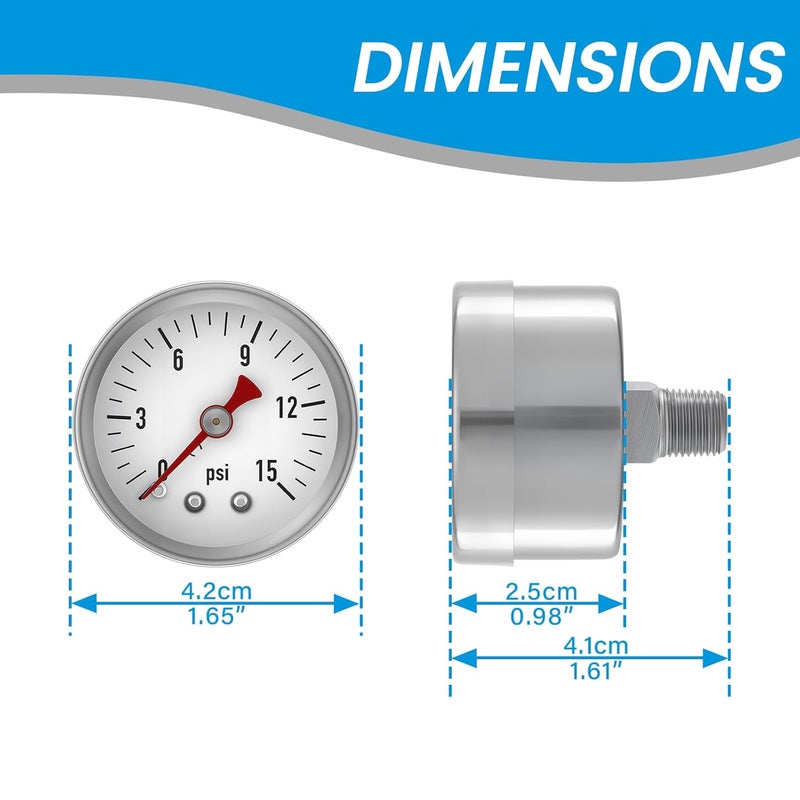 Solimeta 0-15 Psi Low Pessure Gauge 1.5" Dial Size, 1/8" NPT Thread, Stainless Steel Case & Copper Internals - for ATV Tires, Steam Boilers, Air Compressors, HVAC Systems, 2-Pack - Image 3